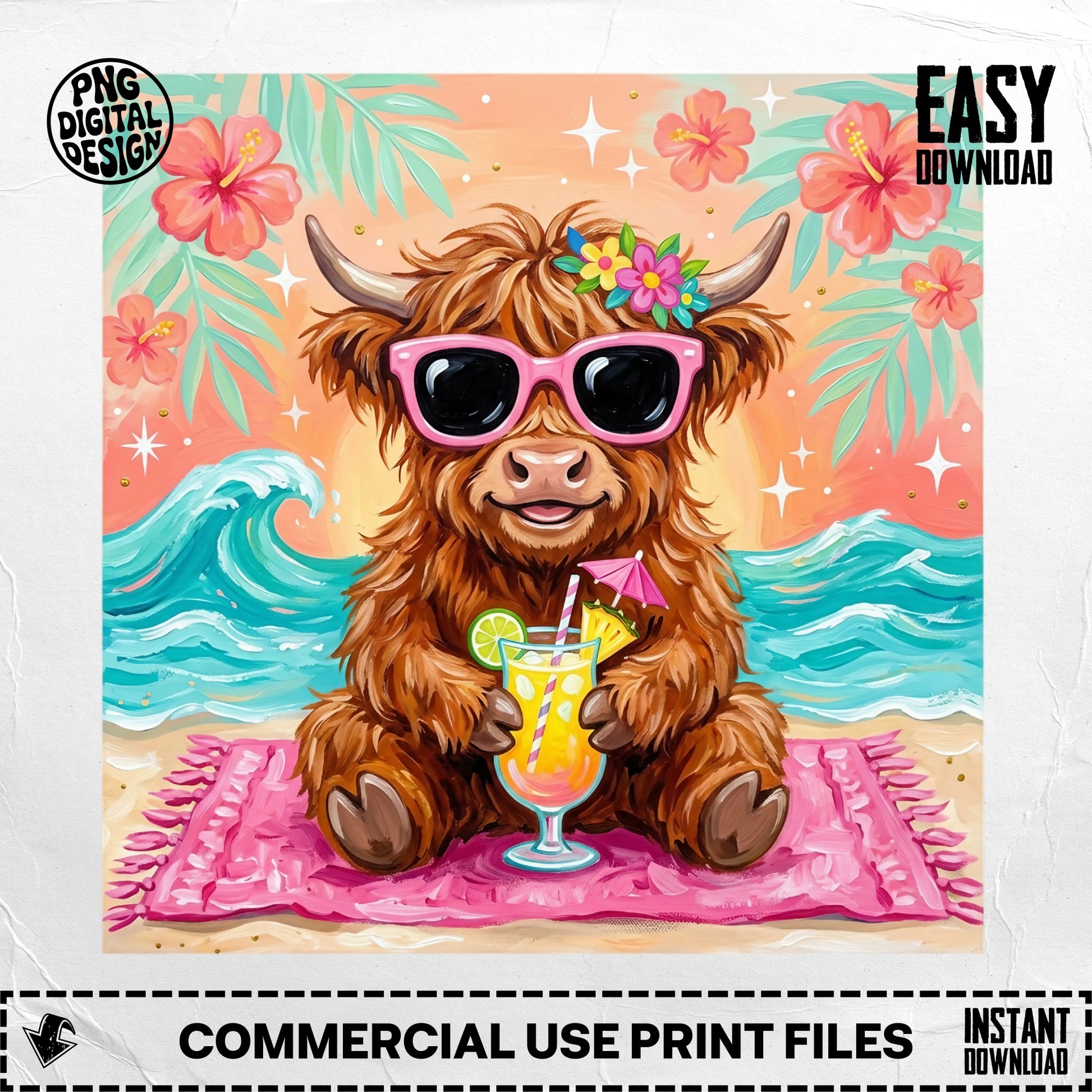 Highland cow wearing sunglasses holds a tropical drink on a beach blanket.