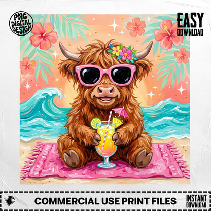 Highland cow wearing sunglasses holds a tropical drink on a beach blanket.