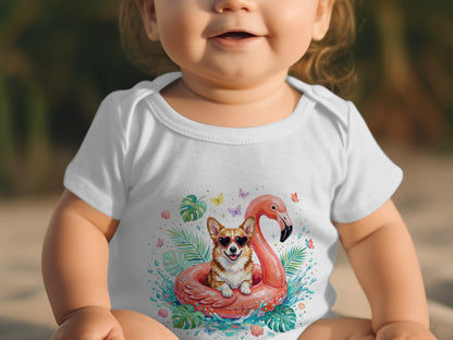 Baby wearing a white onesie with a corgi on a flamingo float graphic.