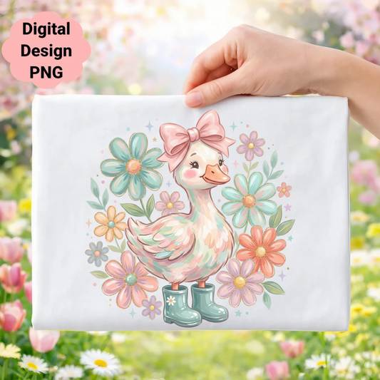 Cute duckling wearing boots surrounded by pastel flowers with "Digital Design PNG" text.