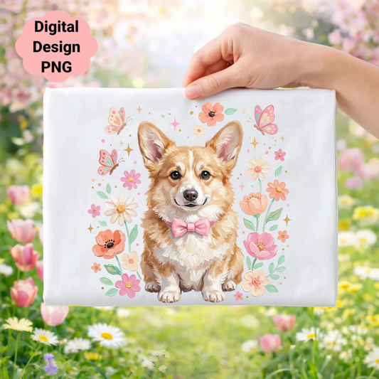 Corgi with pink bowtie surrounded by flowers and butterflies.