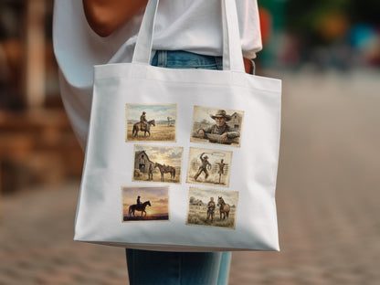 Tote bag with six vintage cowboy and horse postage stamp designs.