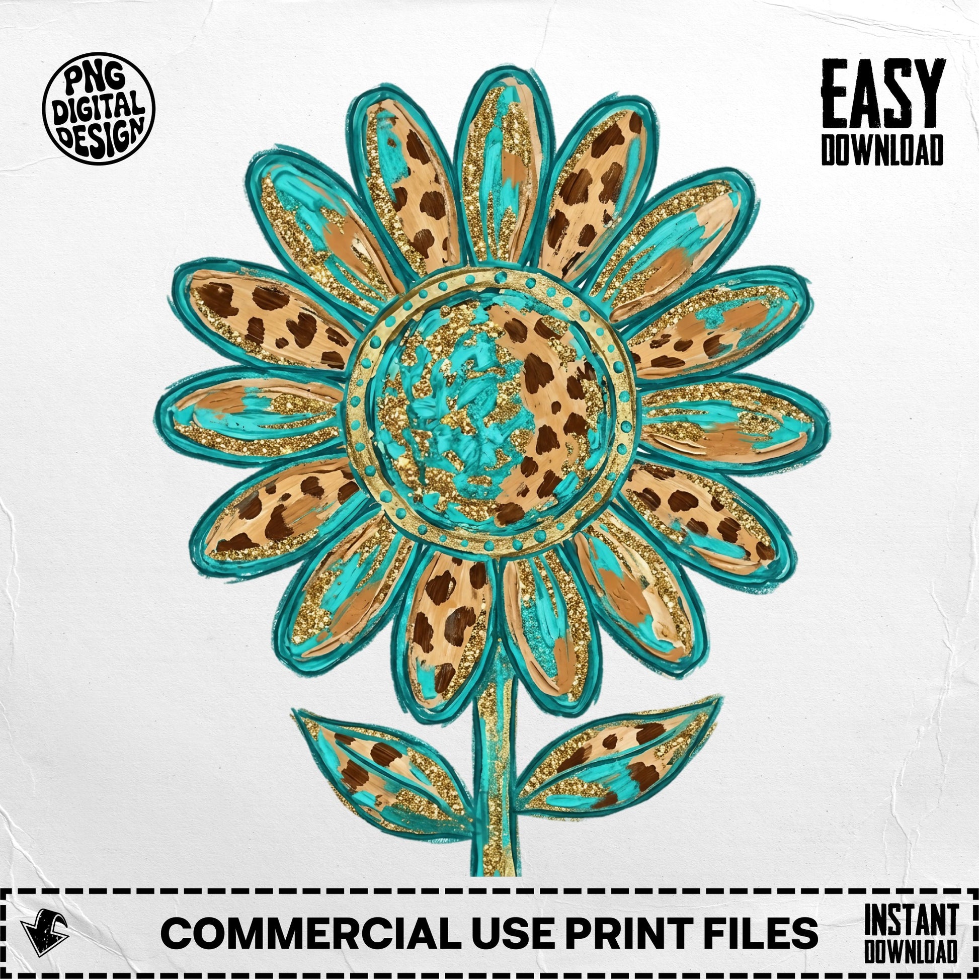 Turquoise and gold sunflower with leopard print center, "Easy Download" text.