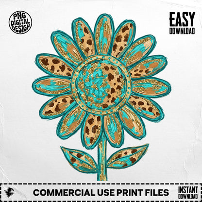 Turquoise and gold sunflower with leopard print center, "Easy Download" text.