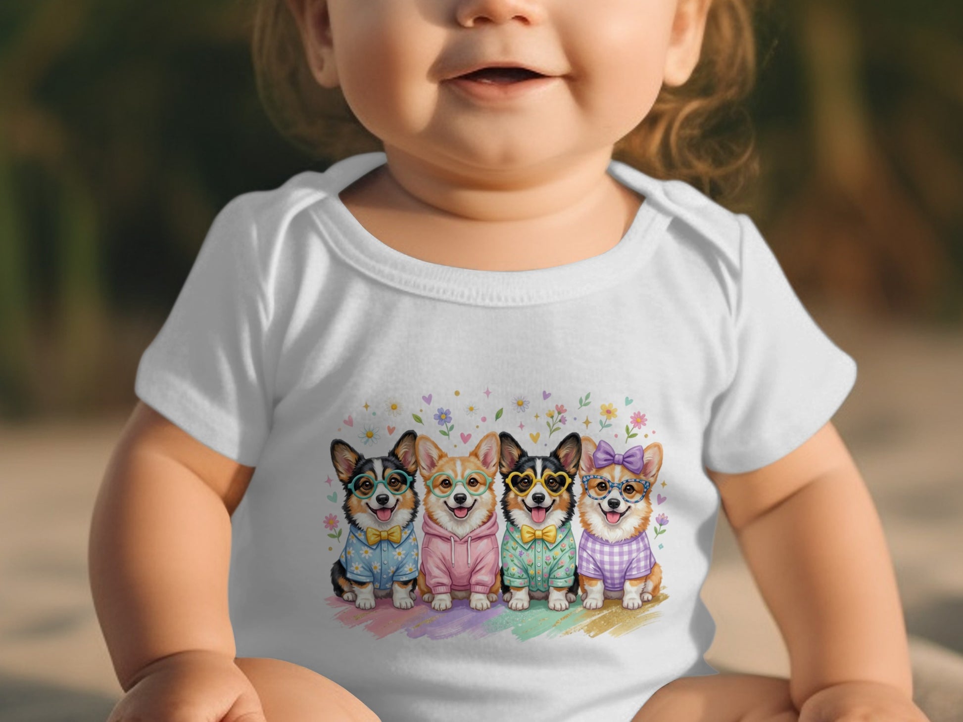 Baby wearing white onesie with four corgis in colorful outfits.