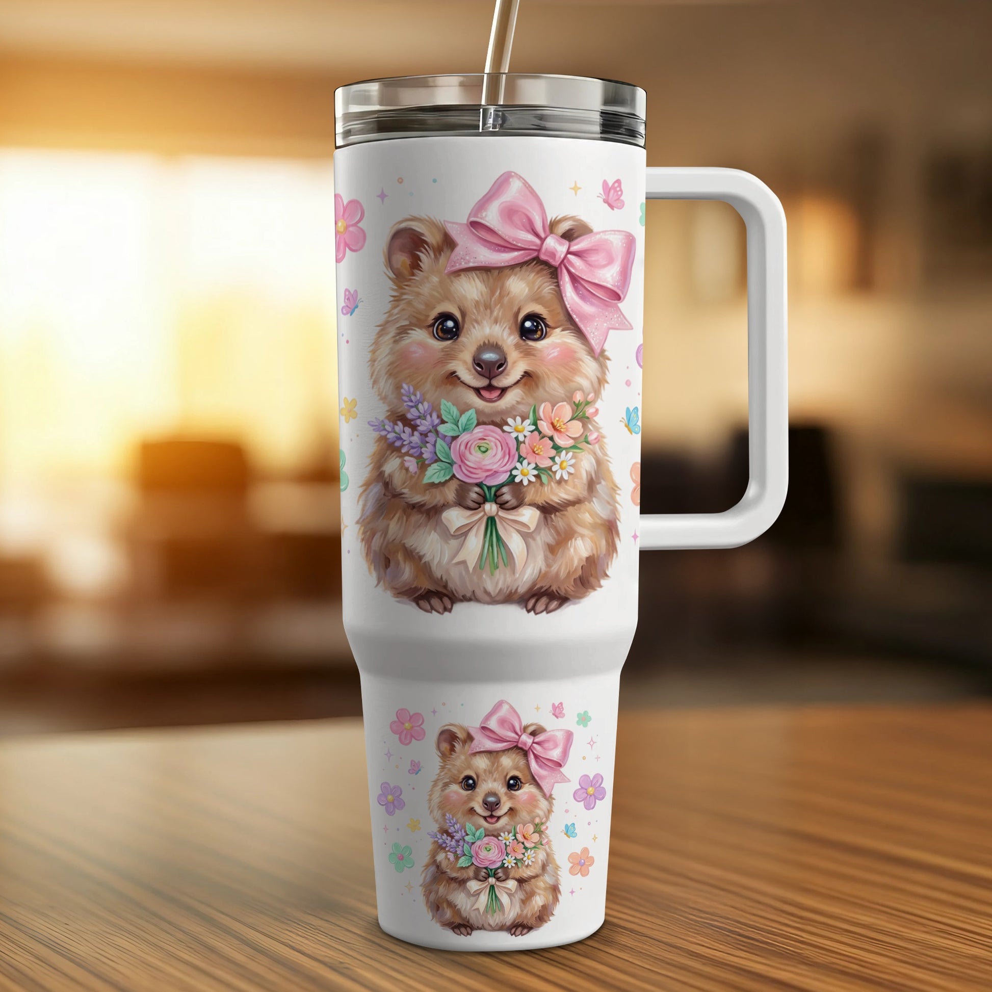 Quokka holding bouquet of flowers wearing pink bow, on white tumbler.