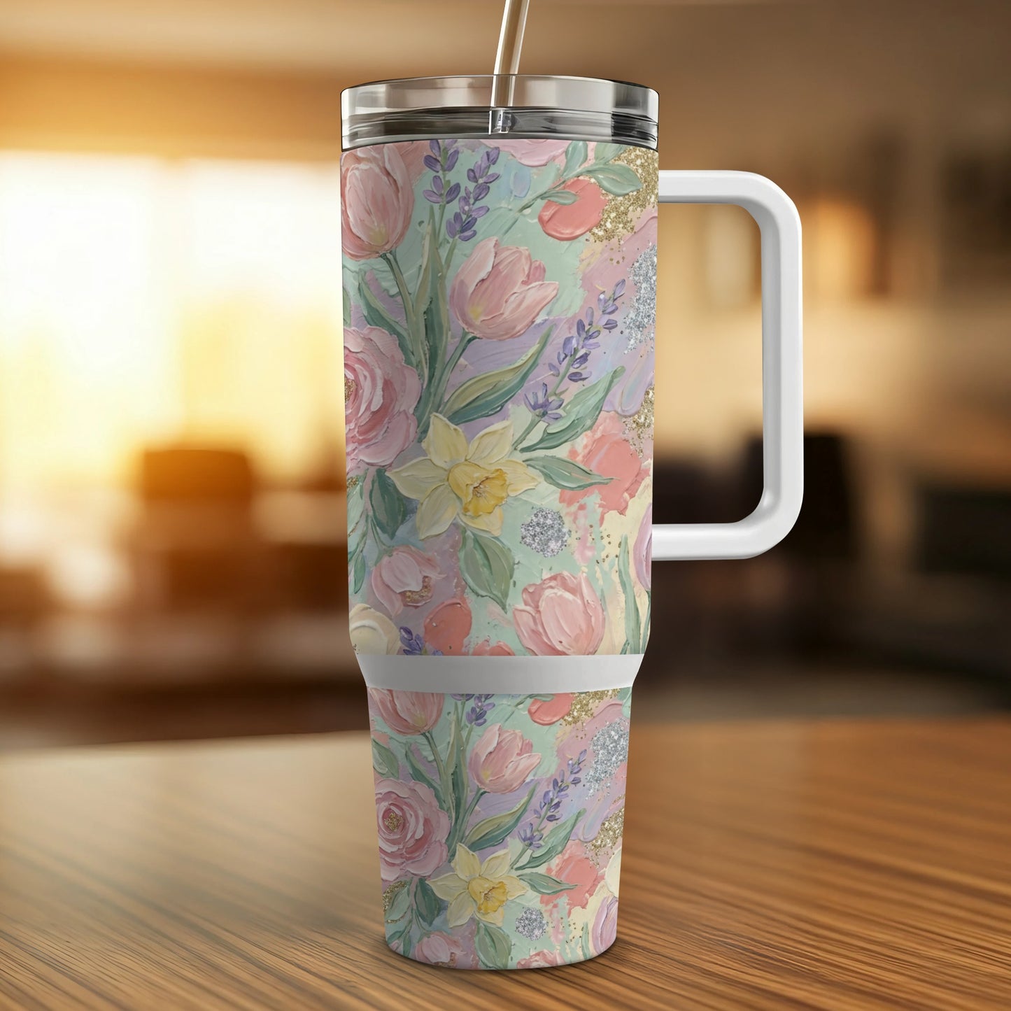 Floral pattern tumbler with handle on a wooden table.