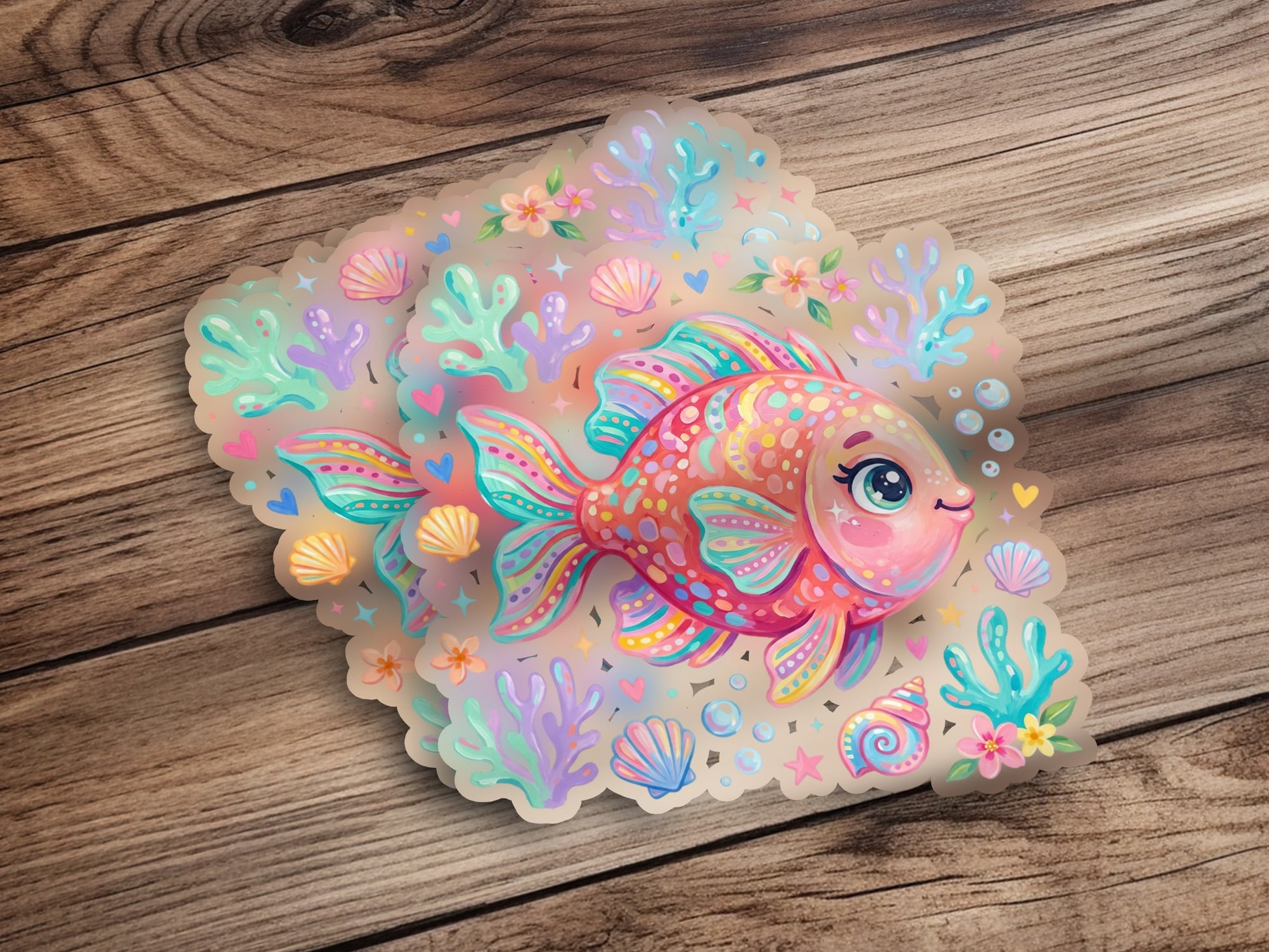 Pink cartoon fish with colorful coral and shells on wooden background.