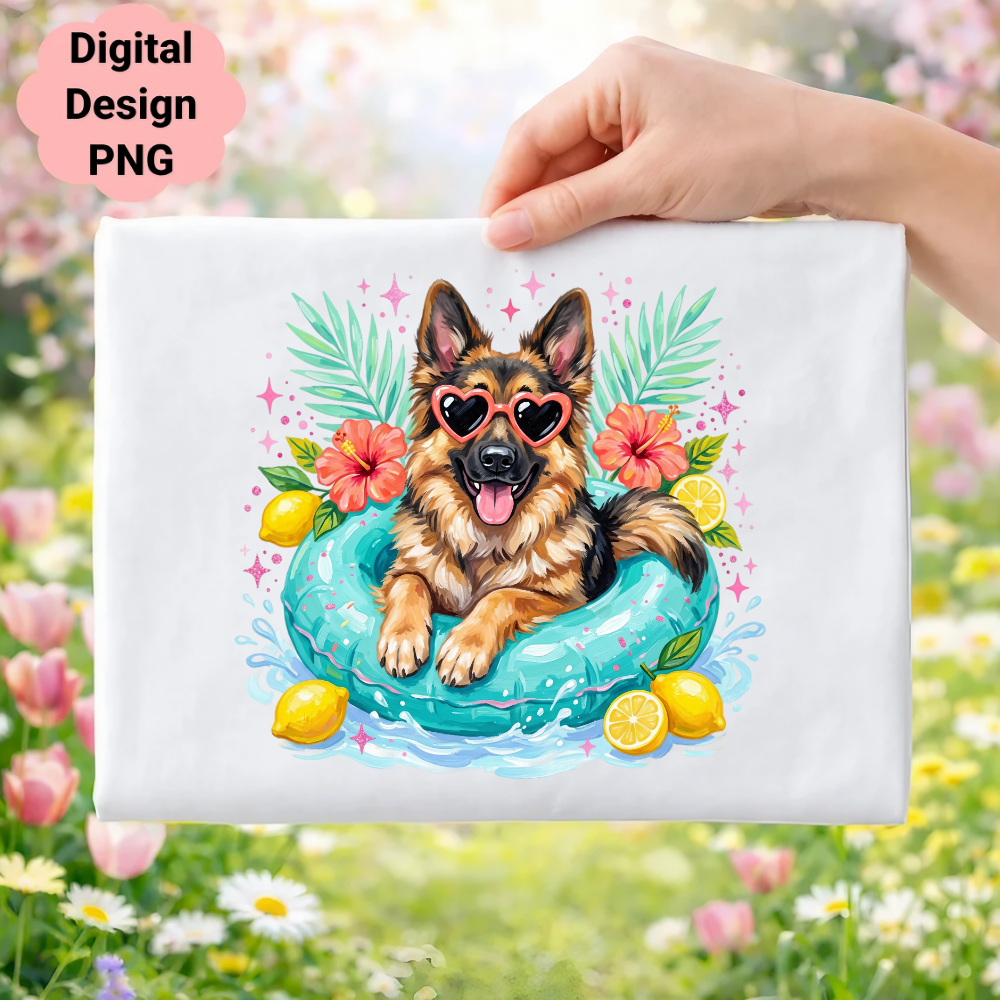 German Shepherd dog in sunglasses floats in a pool with lemons and tropical leaves.
