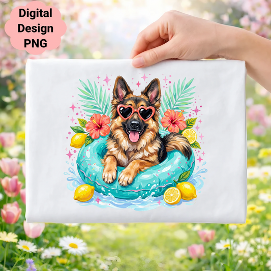 German Shepherd dog in sunglasses floats in a pool with lemons and tropical leaves.