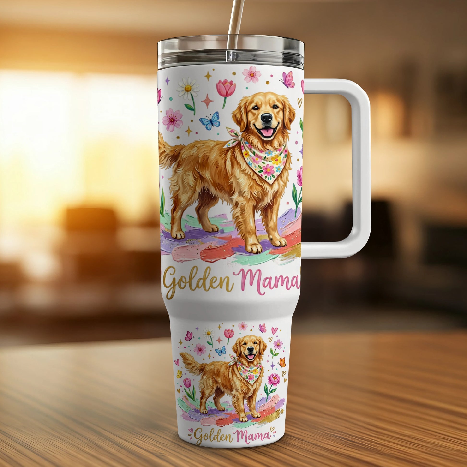 Golden Retriever wearing bandana on tumbler with "Golden Mama" text.