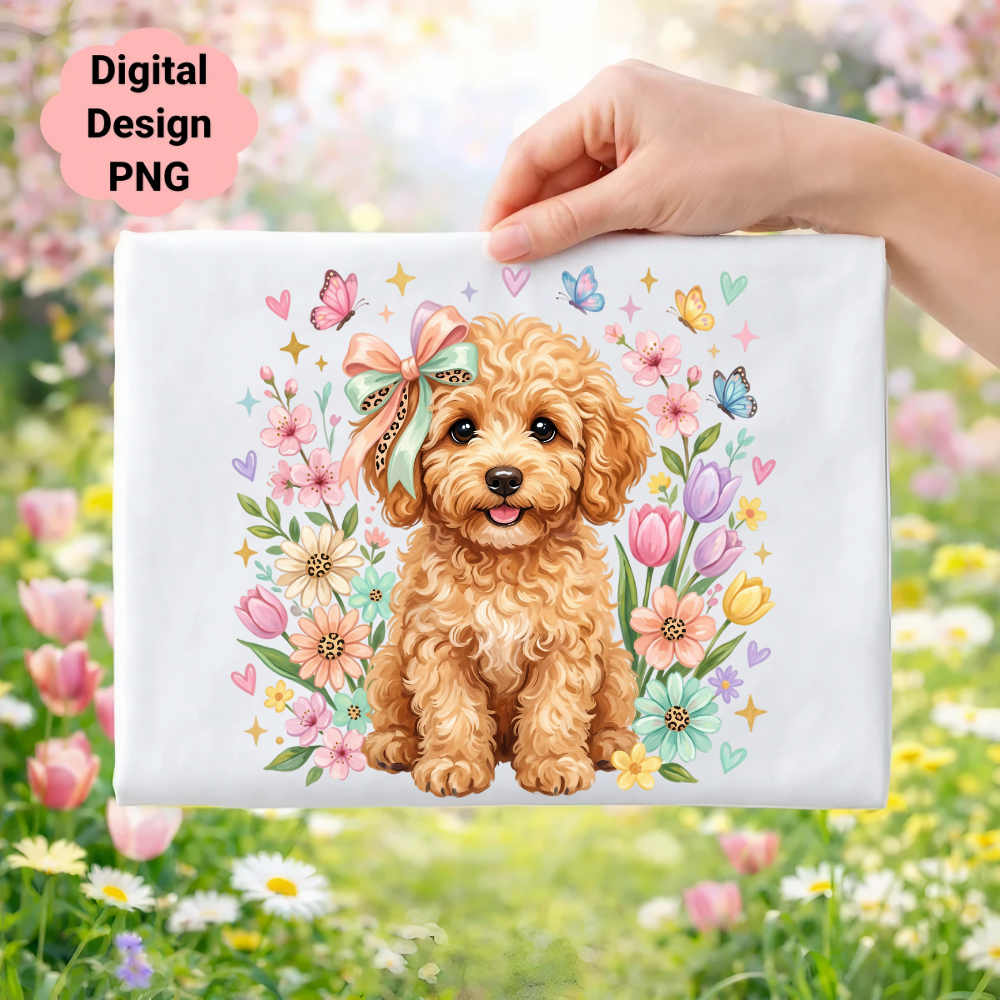 Fluffy puppy with flowers and butterflies on white background.
