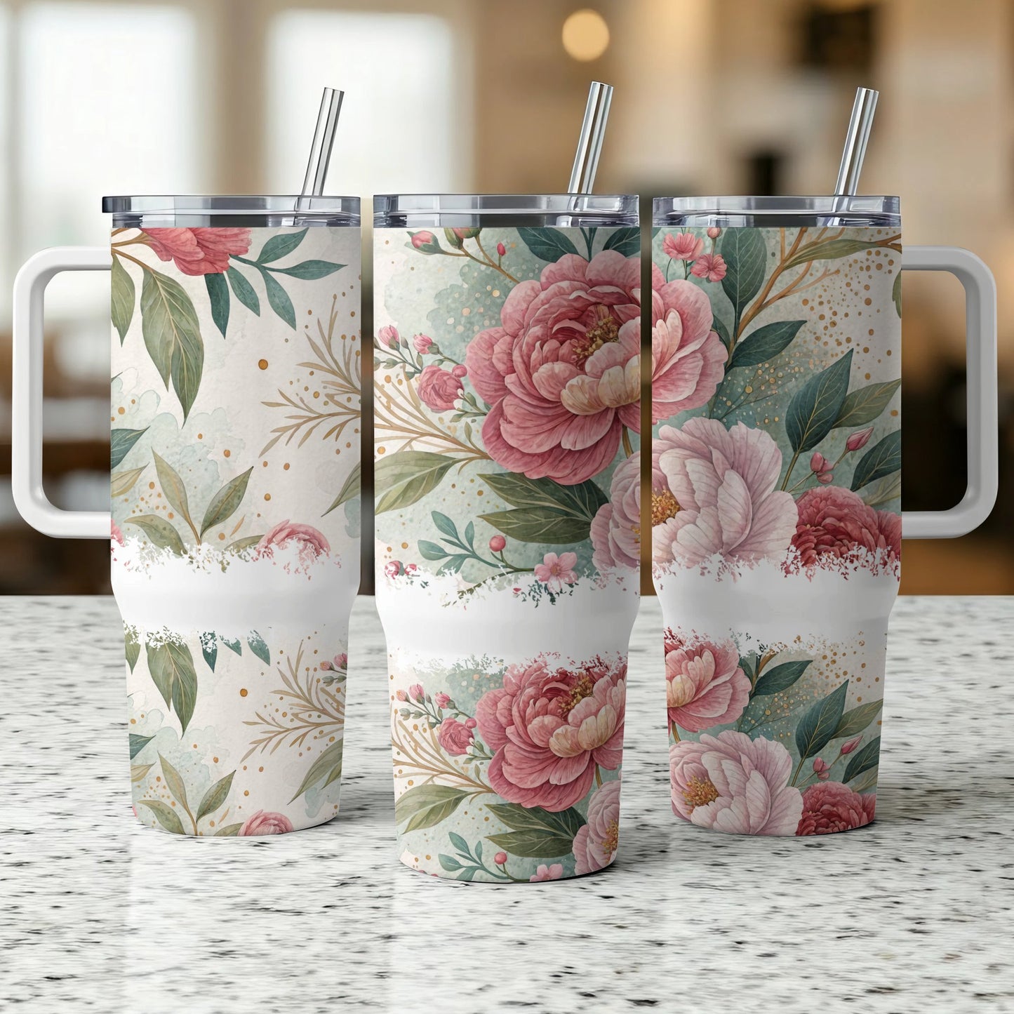 Three floral tumblers with pink peonies and greenery.