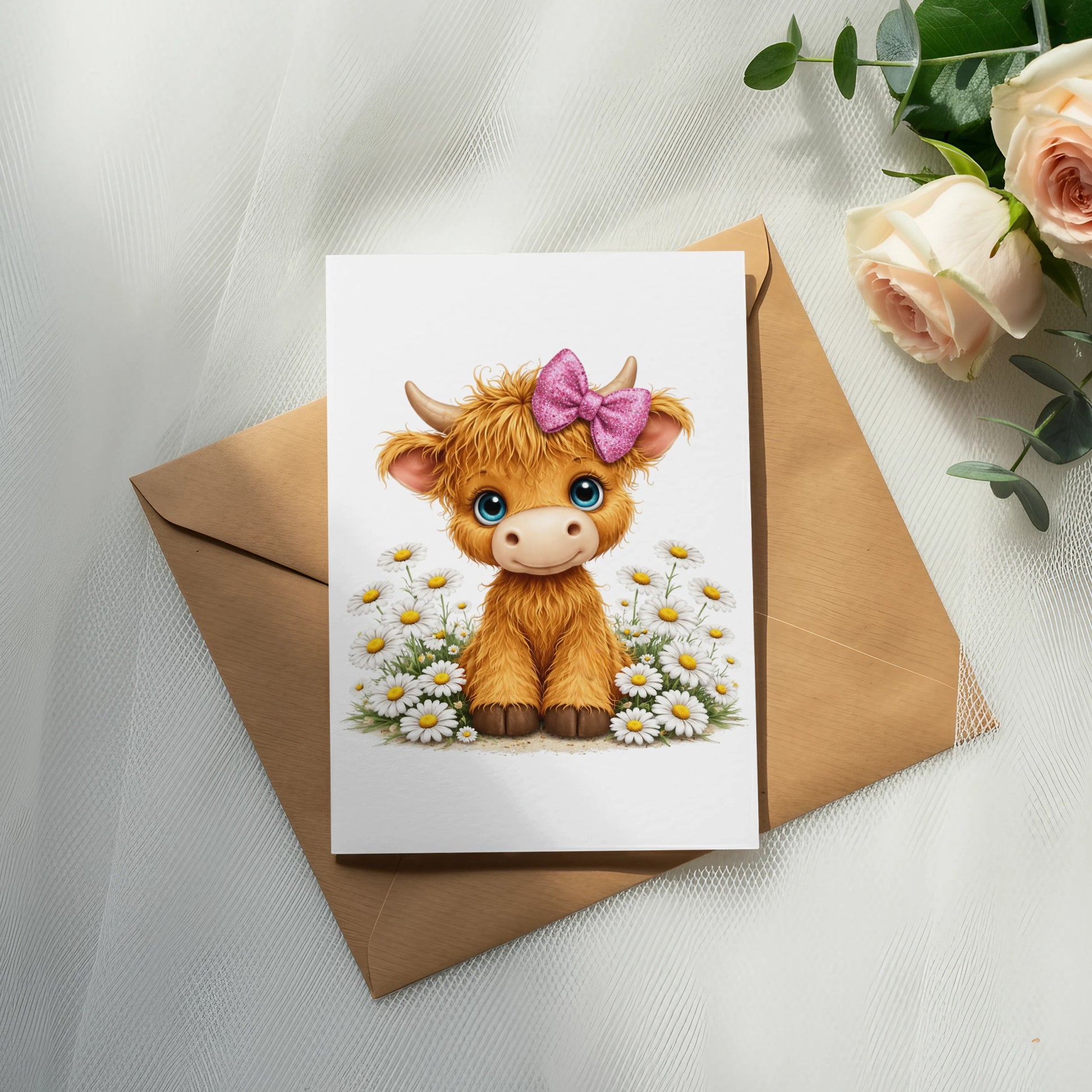 Cute cartoon highland cow with pink bow on a card surrounded by daisies.