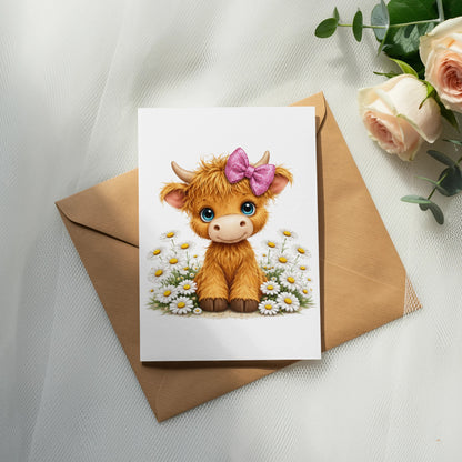 Cute cartoon highland cow with pink bow on a card surrounded by daisies.