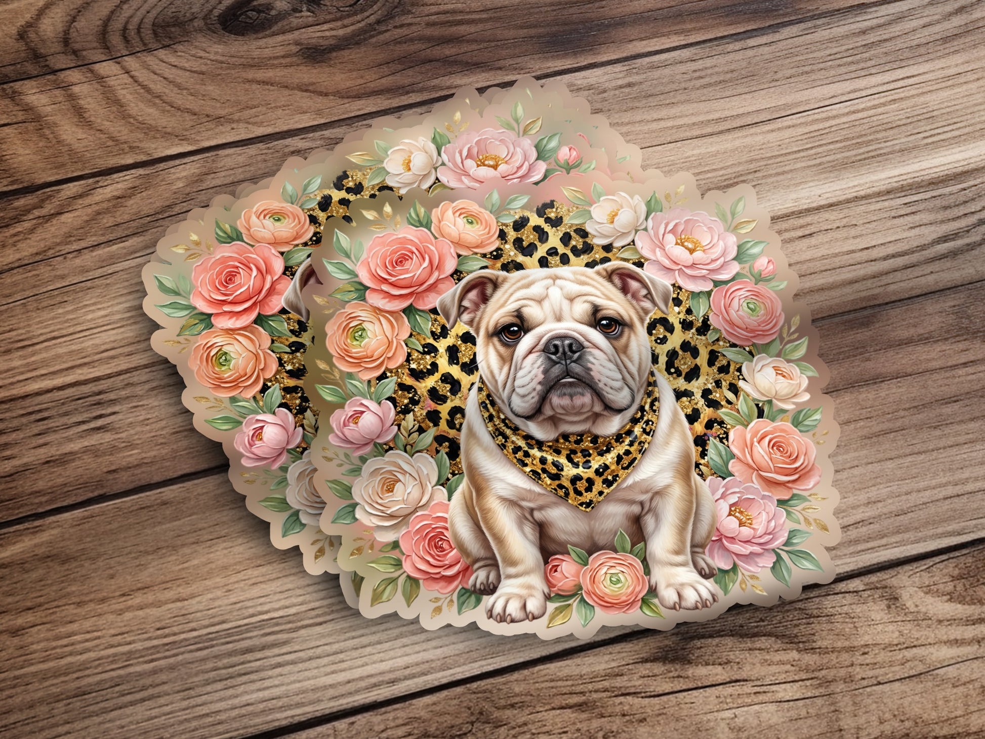 English Bulldog with floral wreath and leopard print bandana on wood background.
