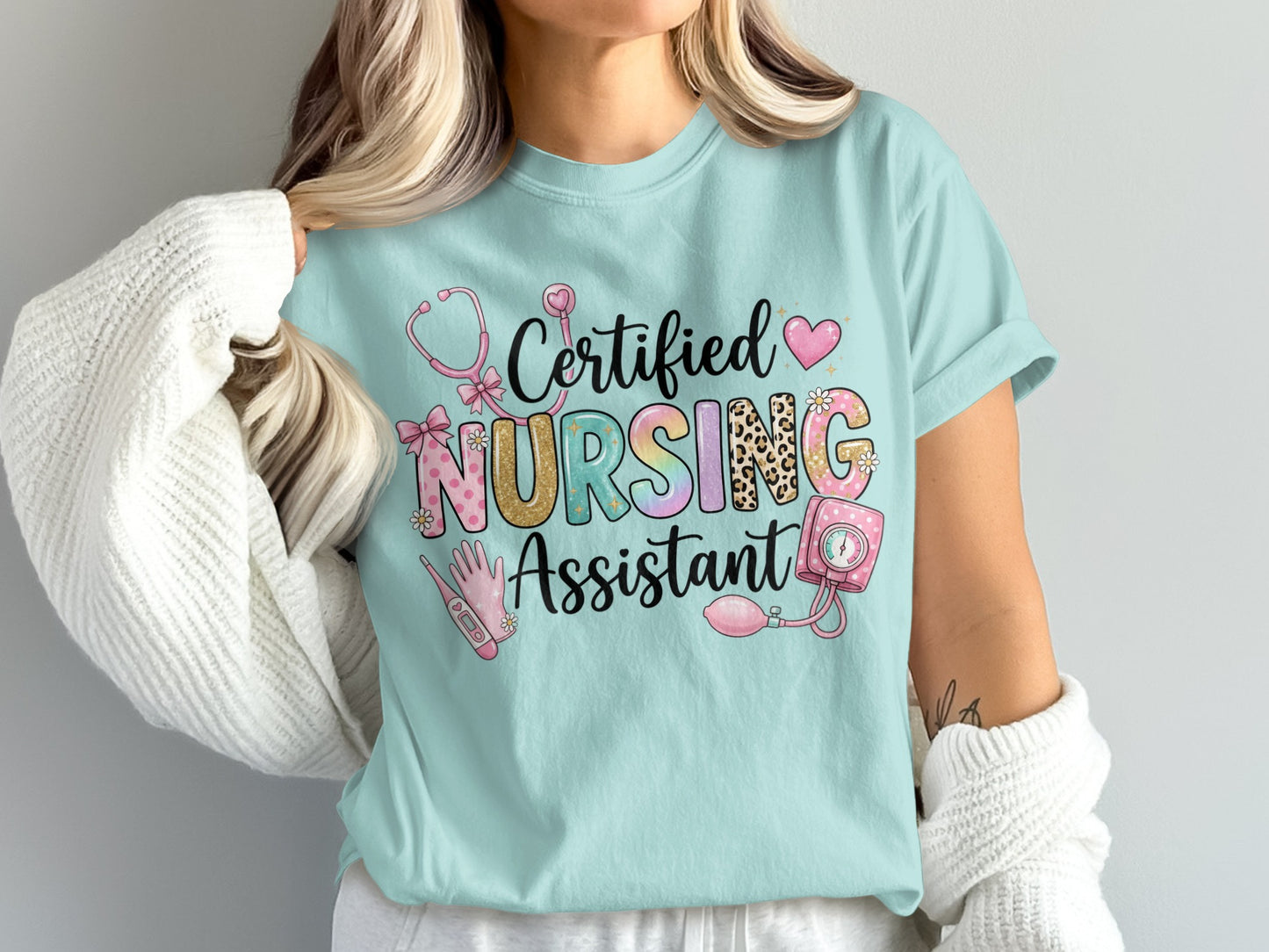 Light blue t-shirt with "Certified Nursing Assistant" and medical icons.