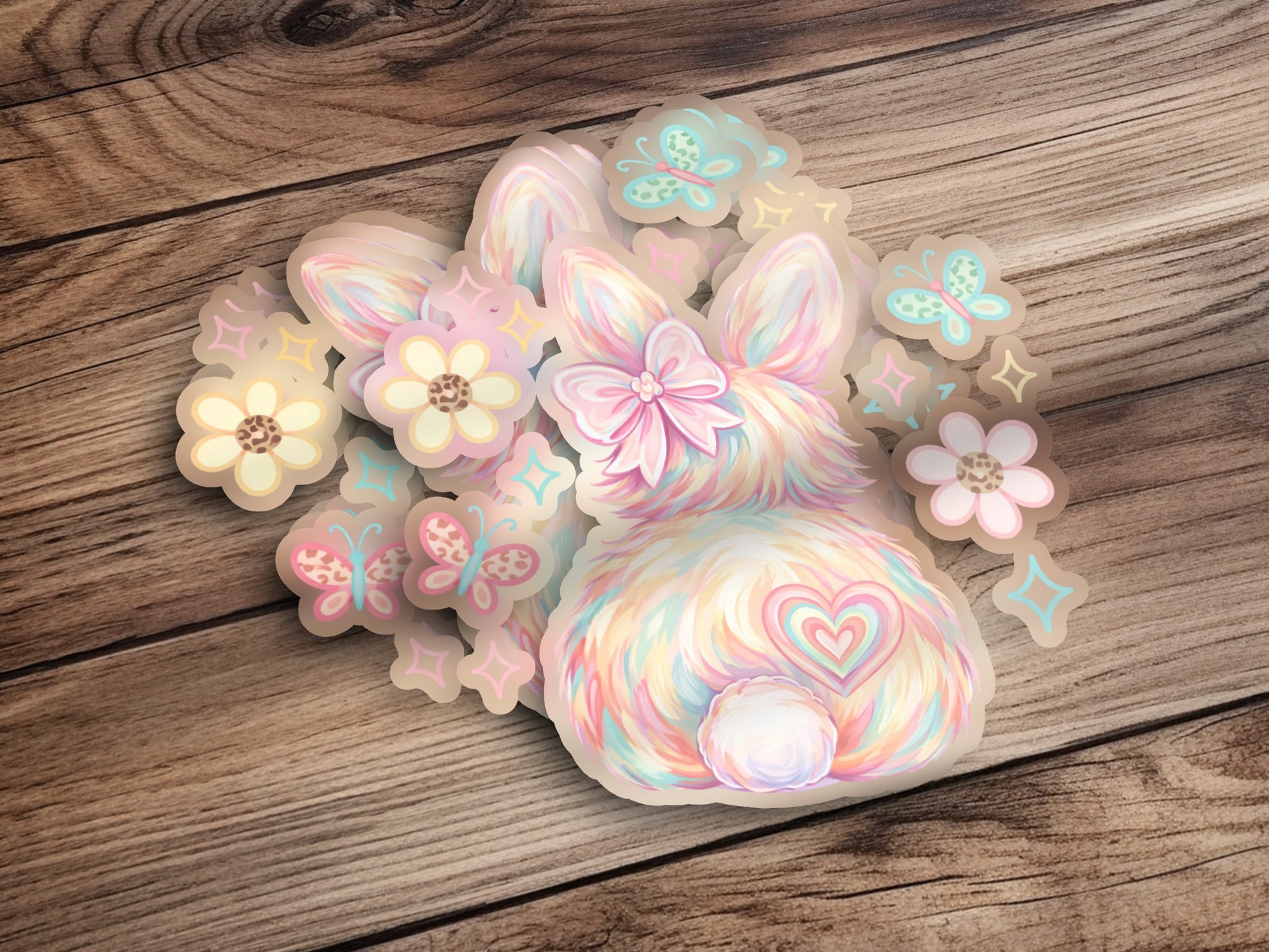 Pastel bunny rear with flowers and butterflies, heart tail.
