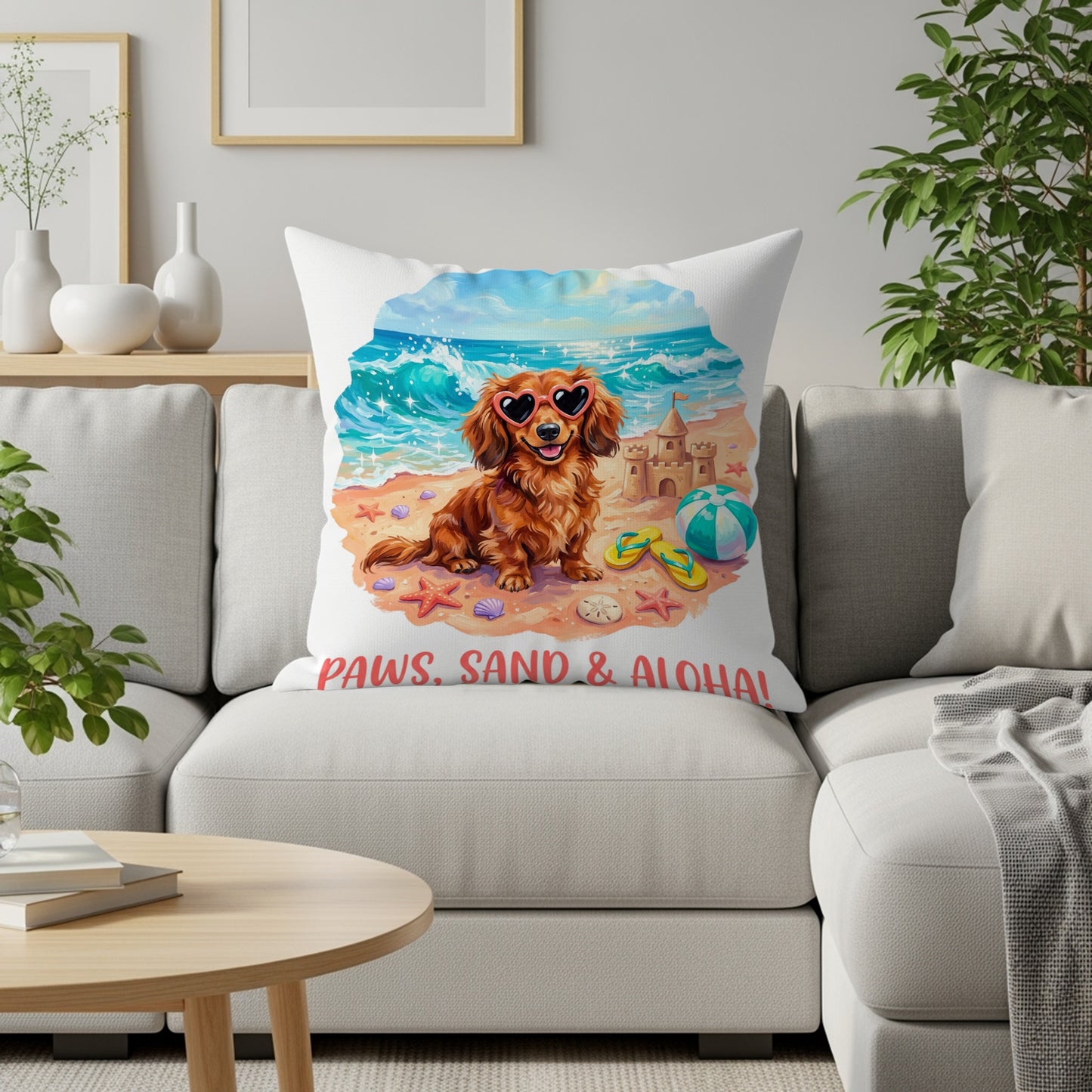 Brown dachshund wearing heart sunglasses on a beach, "PAWS, SAND & ALOHA!"