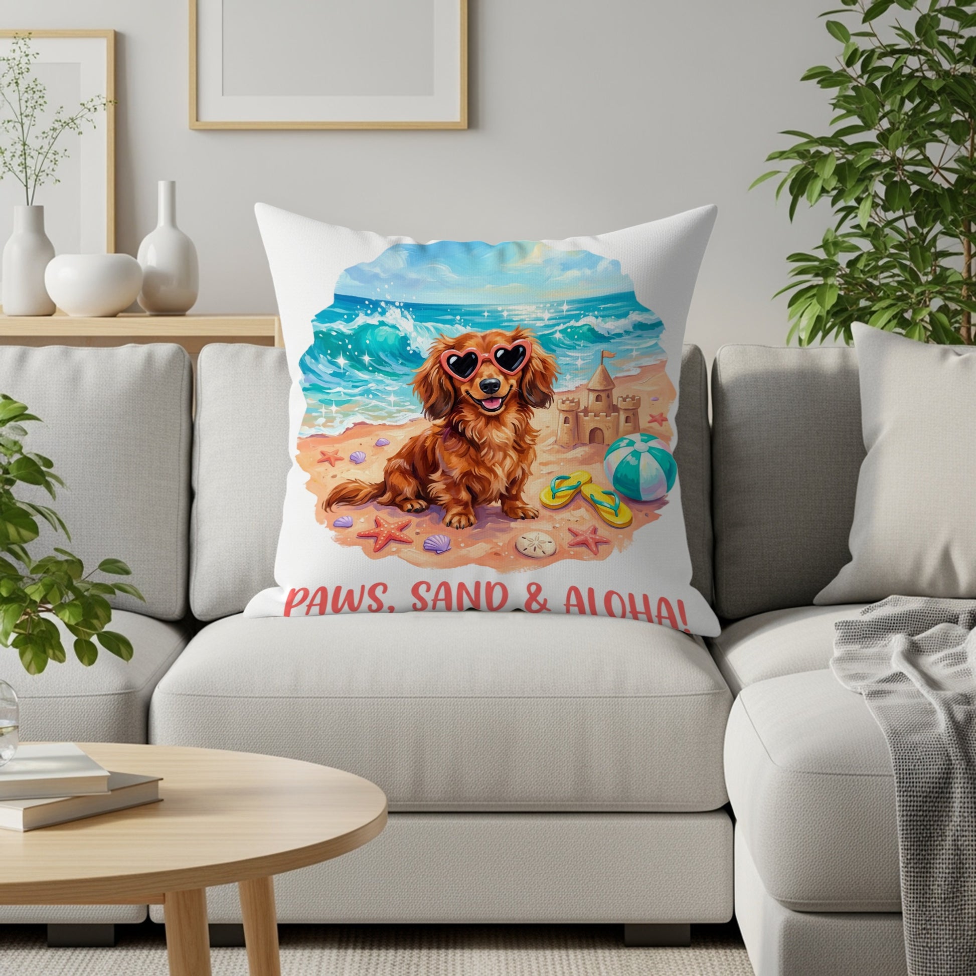 Brown dachshund wearing heart sunglasses on a beach, "PAWS, SAND & ALOHA!"