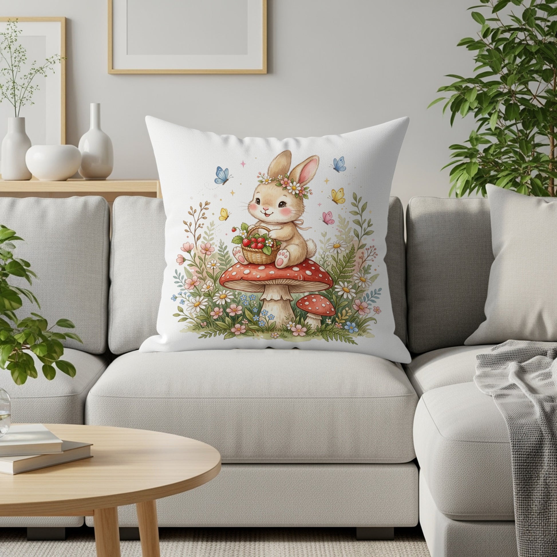 Fluffy bunny with a strawberry basket sits on a toadstool in a floral meadow.