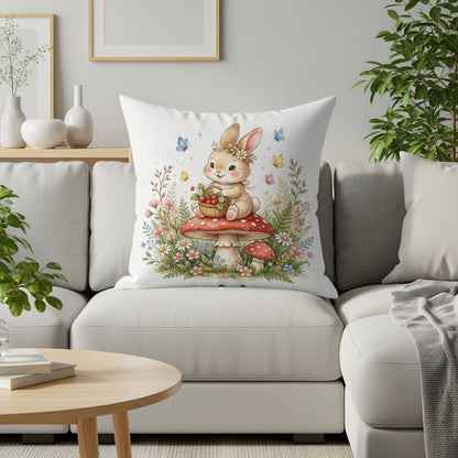 Fluffy bunny with a strawberry basket sits on a toadstool in a floral meadow.