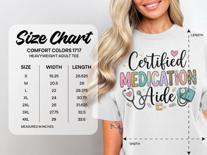 Size chart for Comfort Colors heavyweight adult tee with dimensions.