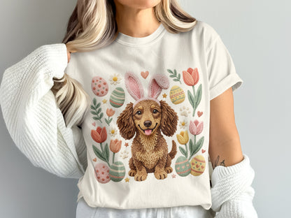 Dachshund wearing bunny ears with Easter eggs and tulips.