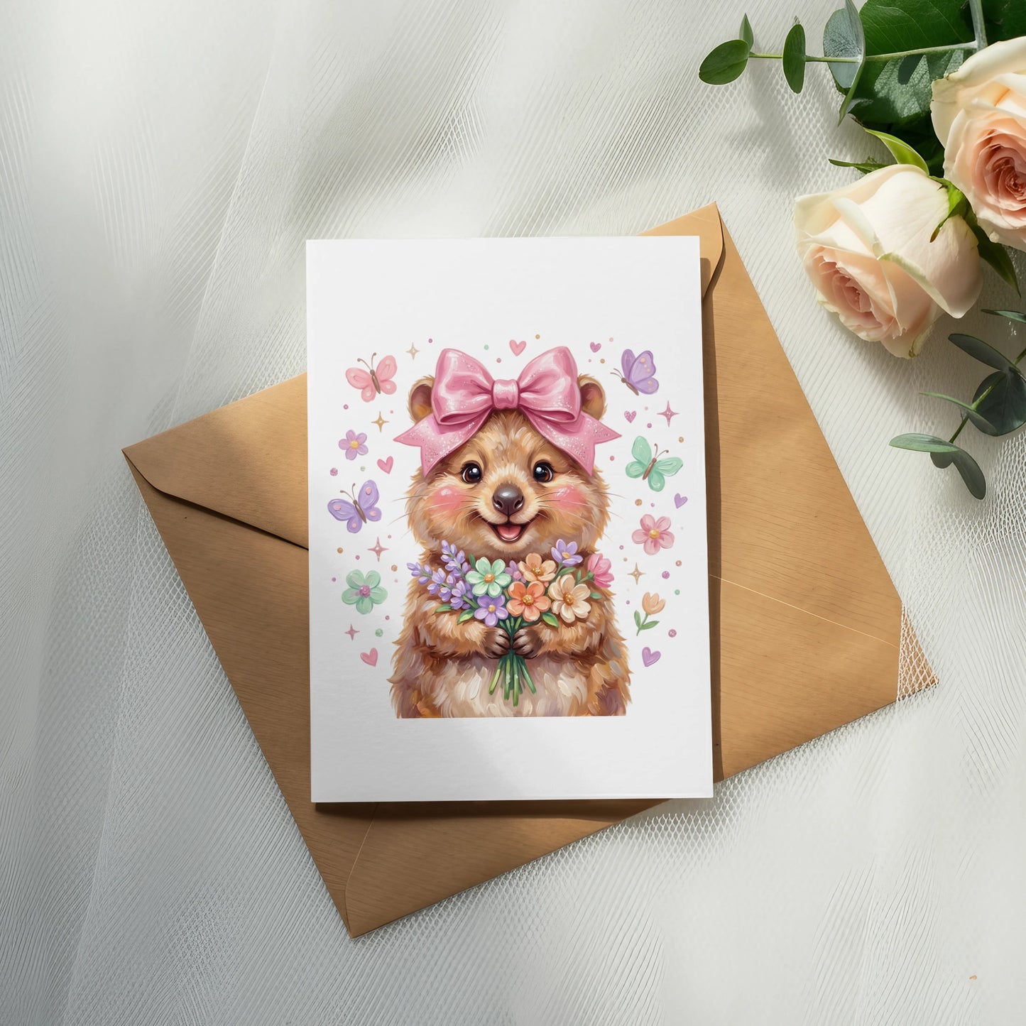 Quokka wearing a pink bow holds a bouquet of flowers on a white card.