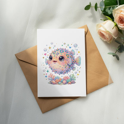 Cute cartoon pufferfish with colorful bubbles, shells, and hearts on a card.
