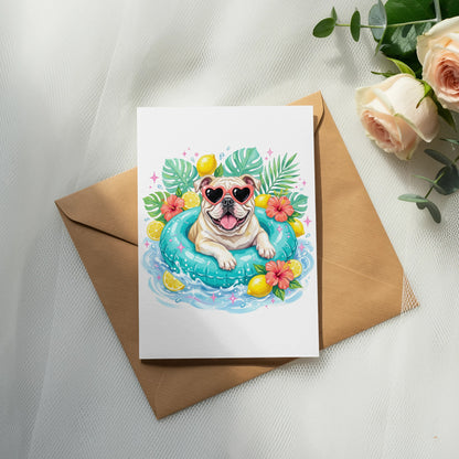 Bulldog wearing heart sunglasses in inflatable tube surrounded by lemons and tropical leaves.
