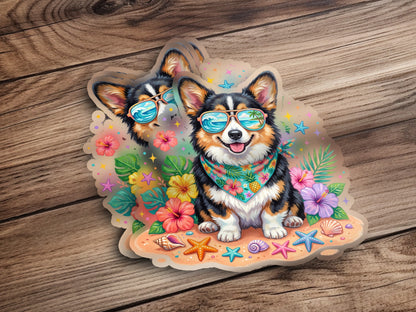 Corgi wearing sunglasses and a bandana on a beach with flowers and seashells.