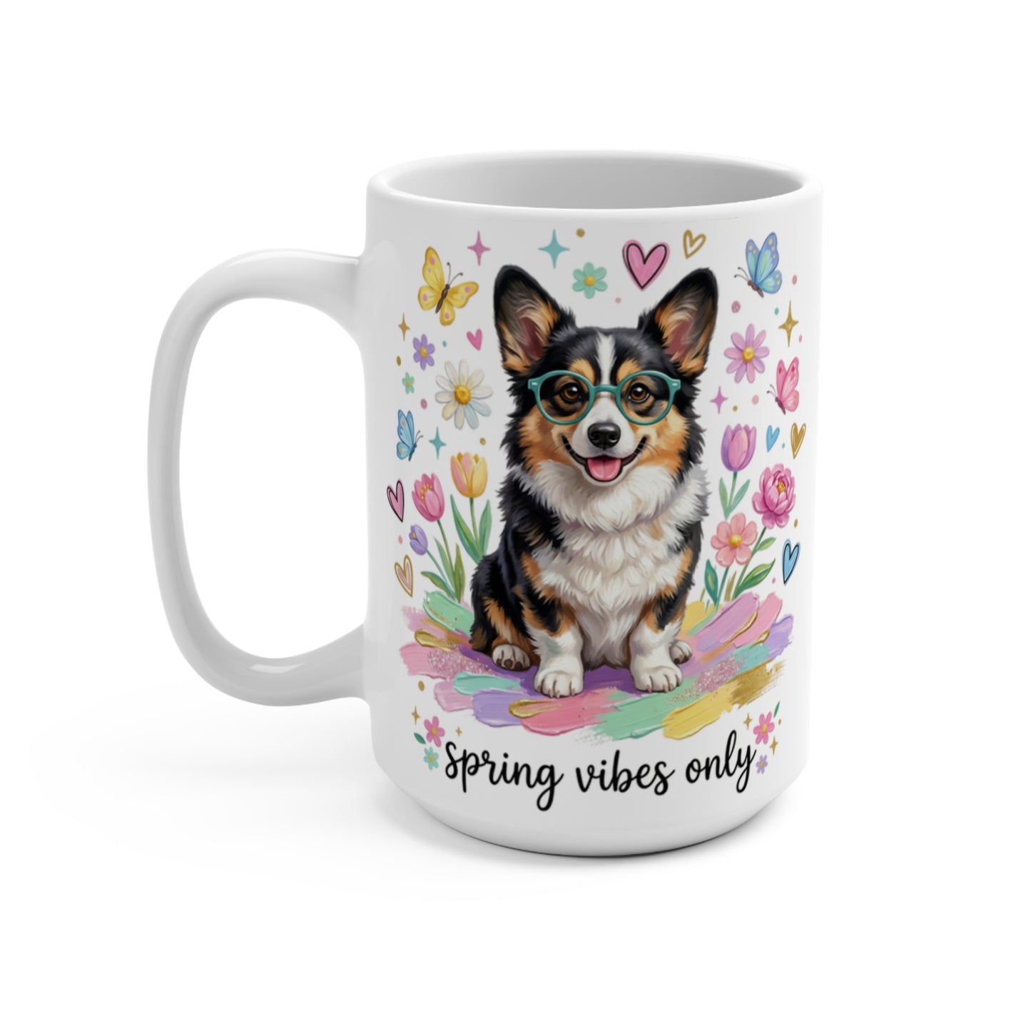 Corgi wearing glasses surrounded by spring flowers and butterflies, with "Spring vibes only" text.