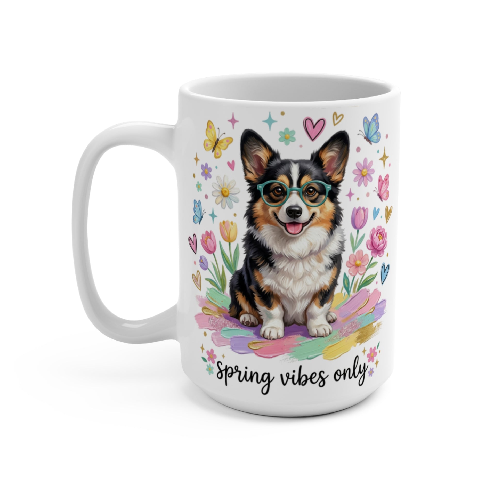 Corgi wearing glasses surrounded by spring flowers and butterflies, with "Spring vibes only" text.