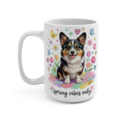Corgi wearing glasses surrounded by spring flowers and butterflies, with "Spring vibes only" text.