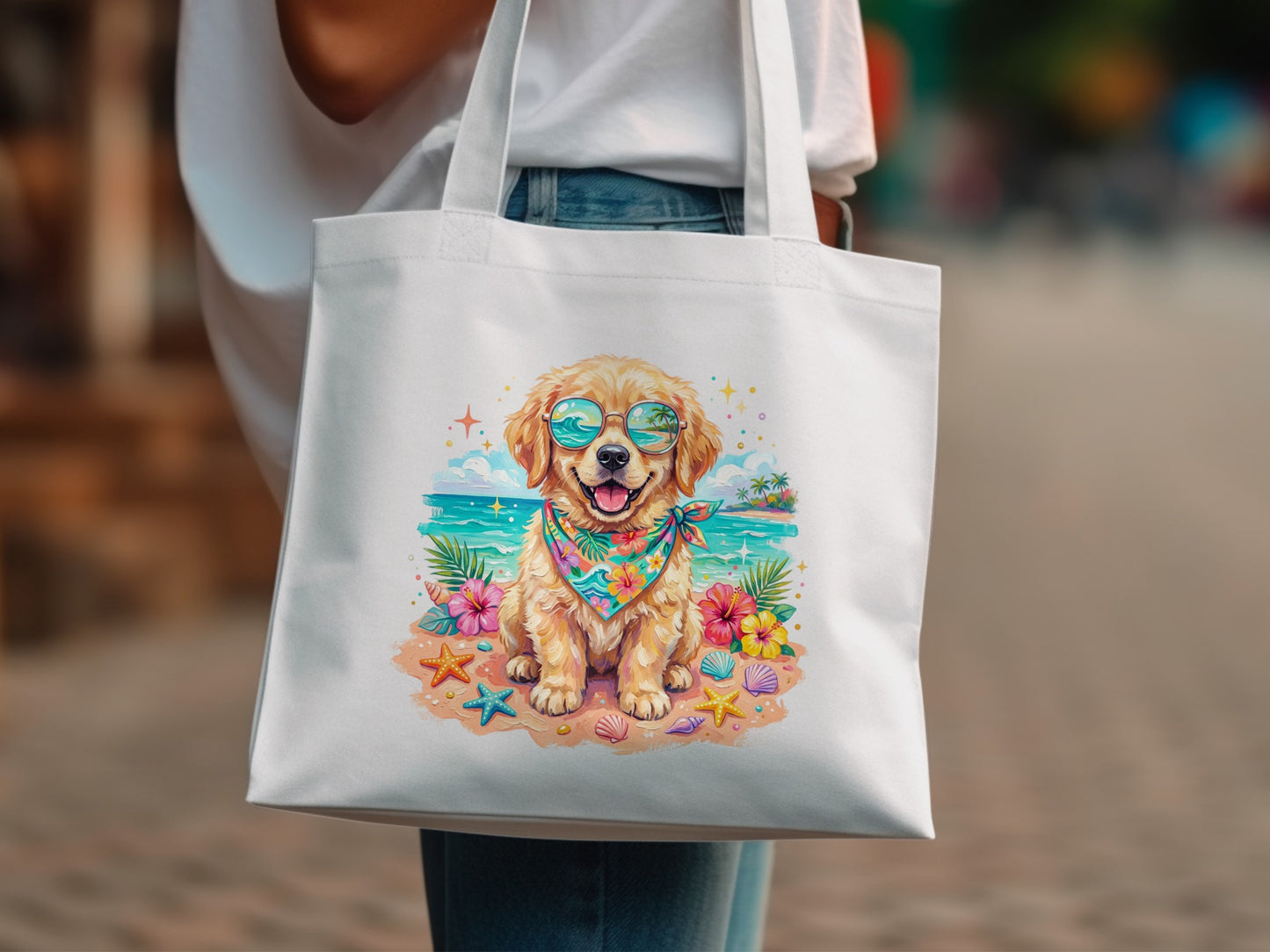 Golden retriever wearing sunglasses and bandana on a beach.
