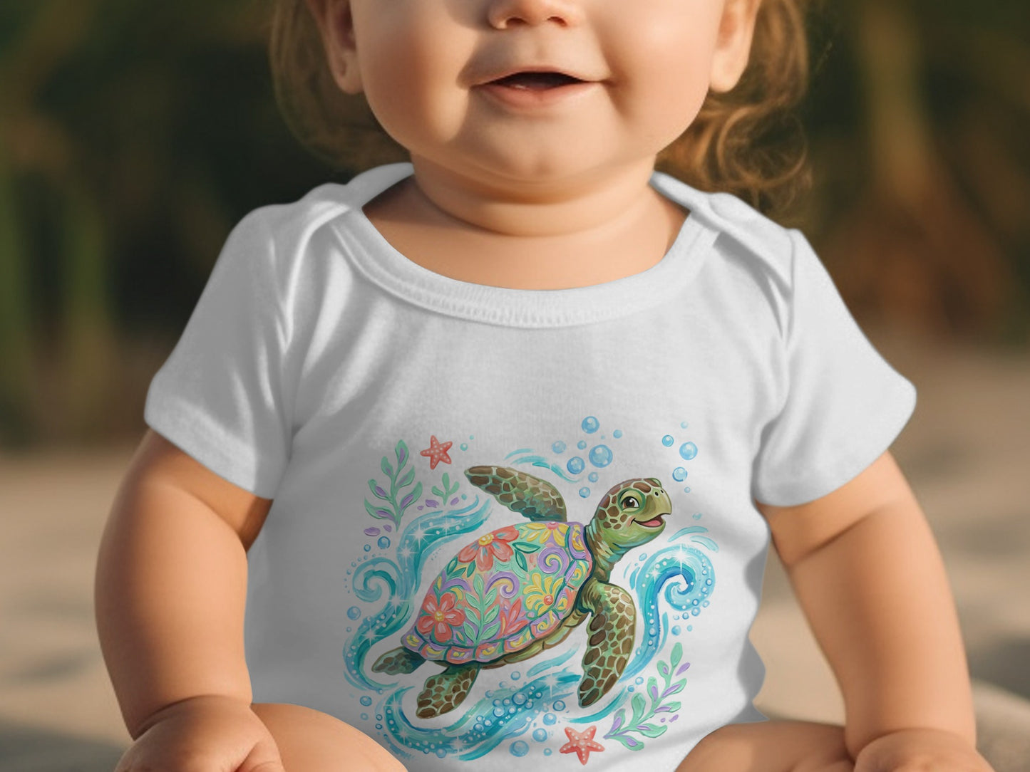 Baby in a white onesie with a colorful sea turtle graphic.