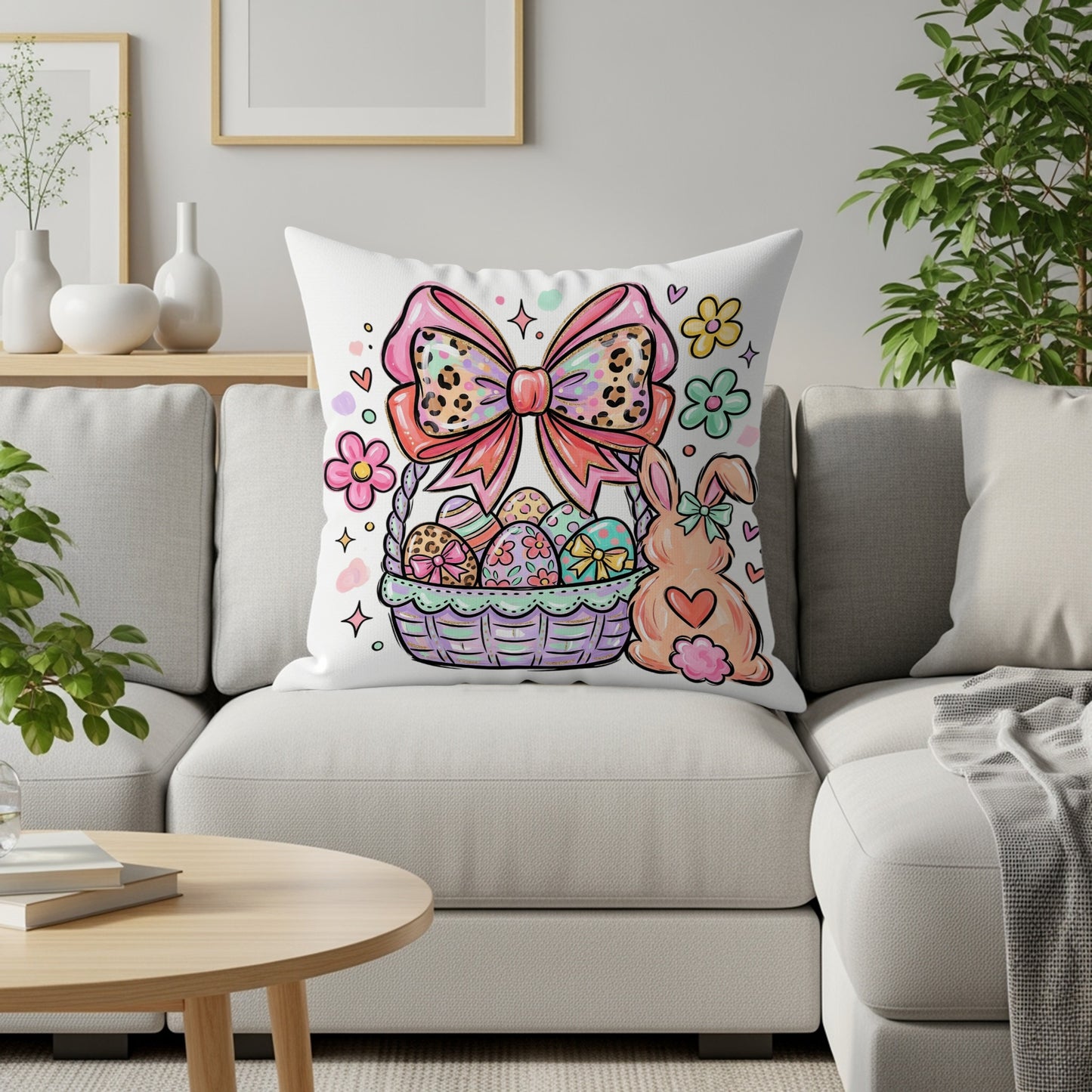 Easter basket with decorated eggs, a bunny, and flowers, on a couch.