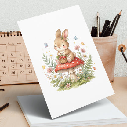 Watercolor illustration of a bunny on a mushroom, holding a strawberry basket.