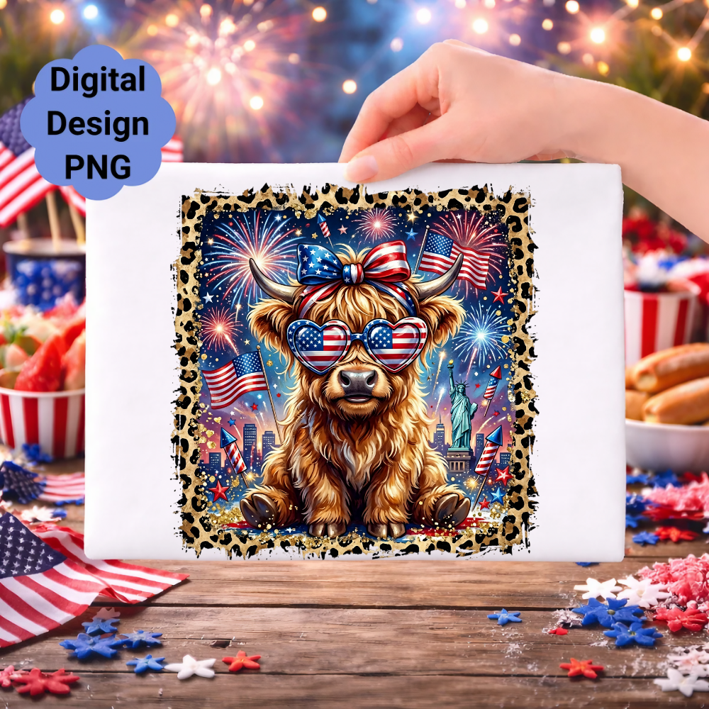 Highland cow with sunglasses and American flag bandana, surrounded by fireworks.