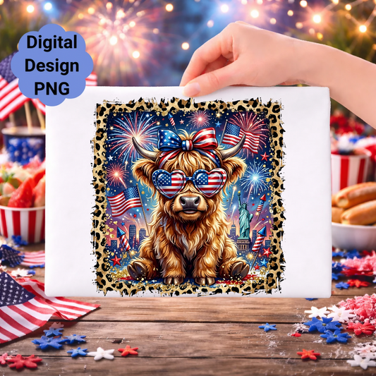 Highland cow with sunglasses and American flag bandana, surrounded by fireworks.