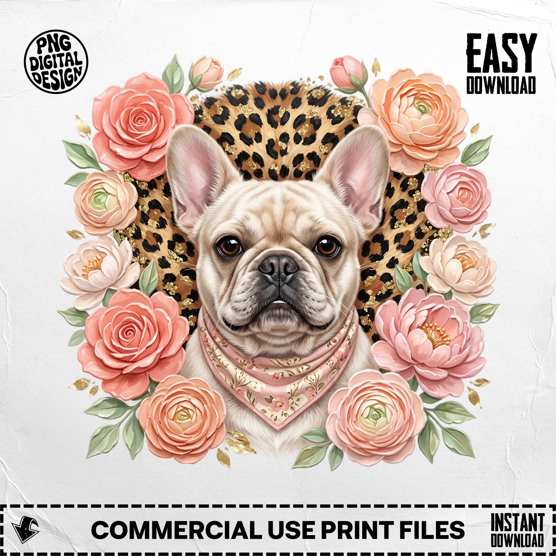 French bulldog portrait surrounded by peach and pink roses and leopard print.