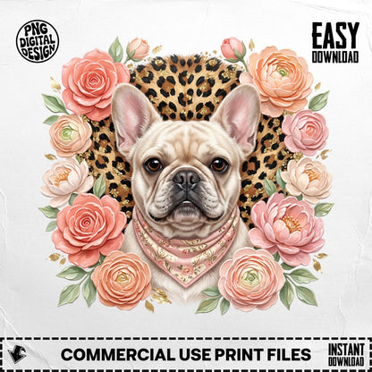French bulldog portrait surrounded by peach and pink roses and leopard print.