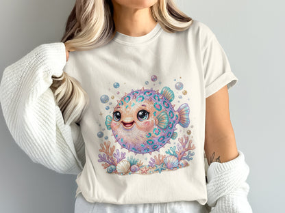 Whimsical pufferfish illustration with coral, seashells, and bubbles.