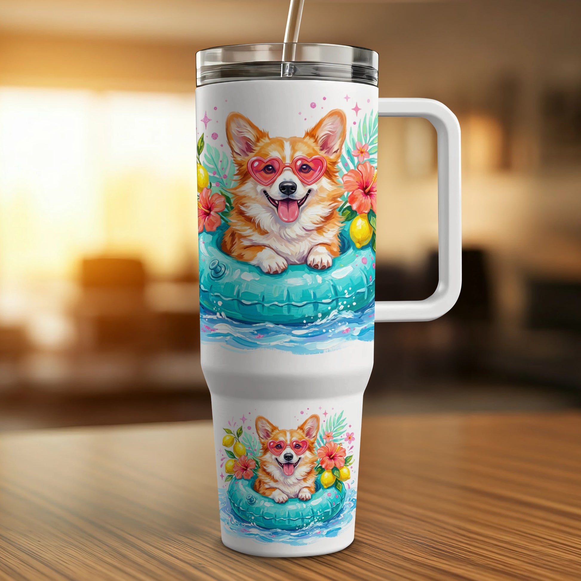 White tumbler with Corgi wearing heart sunglasses on an inner tube.