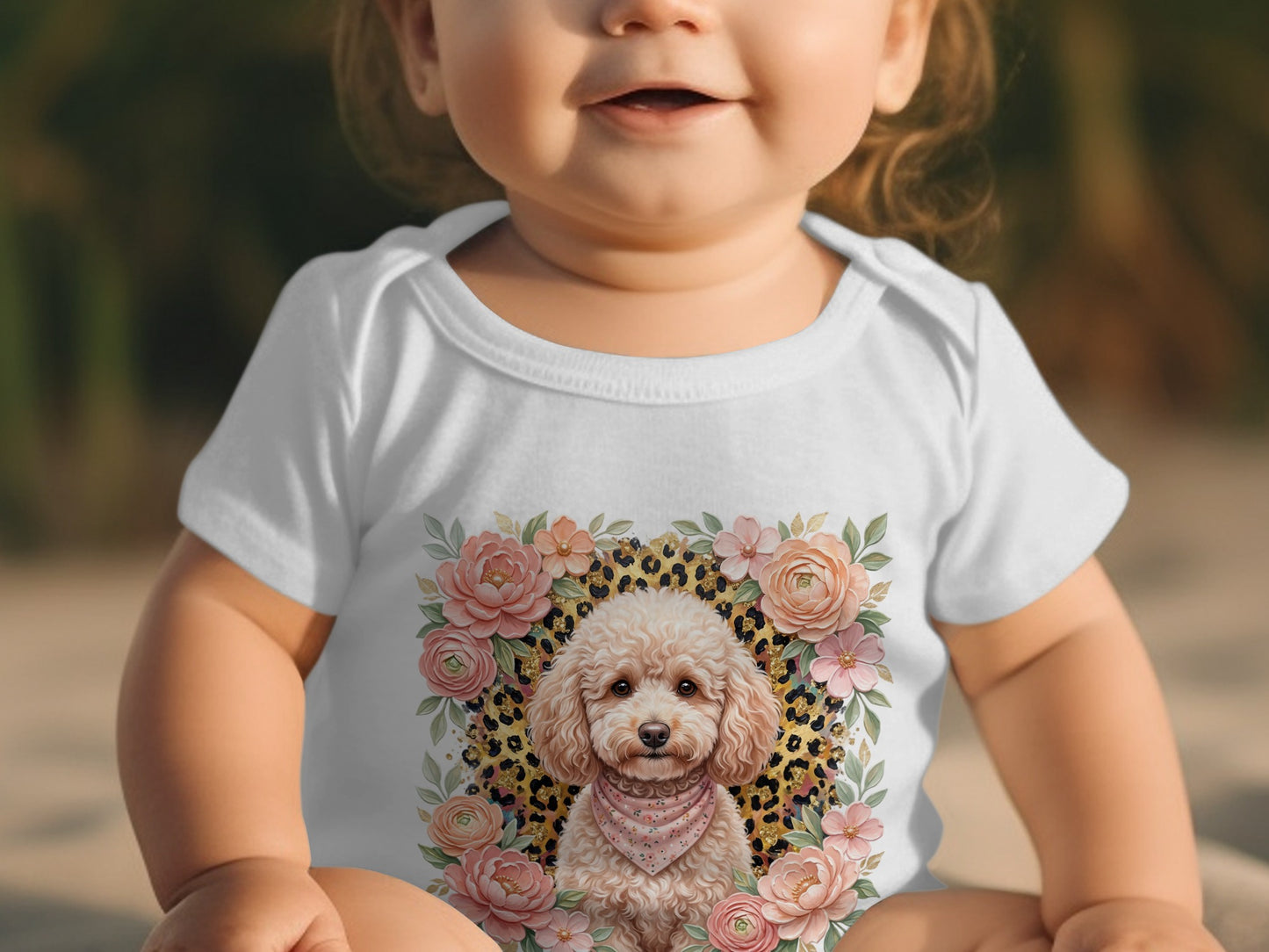Baby wearing white onesie with poodle and floral print.