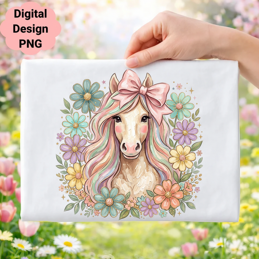 Pastel unicorn illustration surrounded by flowers and a pink bow.