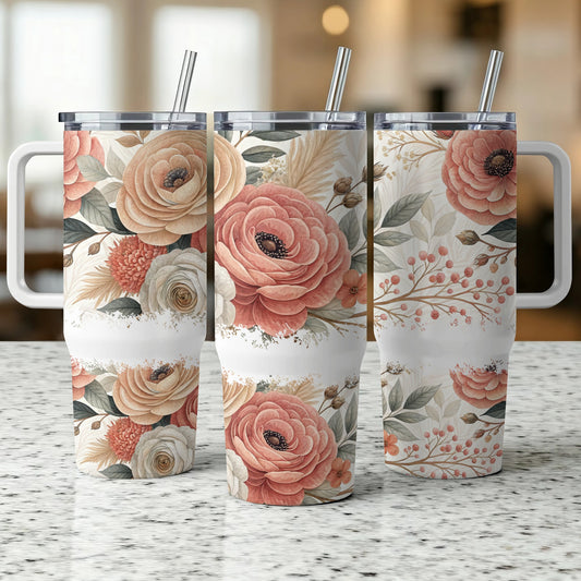 Three floral tumblers with handles and straws, displayed on a countertop.