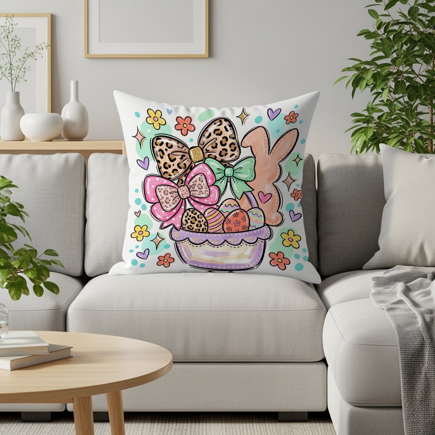 Easter basket with bows, eggs, and bunny, on a sofa.