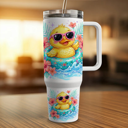 Yellow duck with sunglasses on inner tube, surrounded by flowers and water.